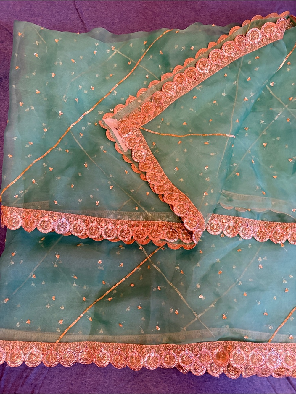 Premium Quality Embroidered Green Sheer Dupatta with Pink-Gold Lace Trim
